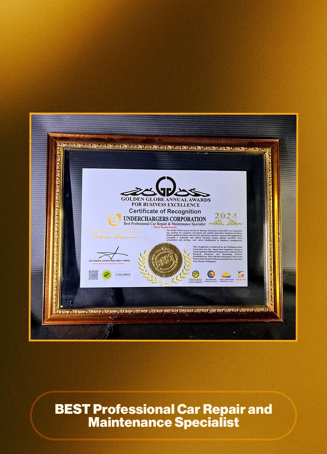Underchargers Golden Globe Annual Awards 2024 framed certificate of recognition