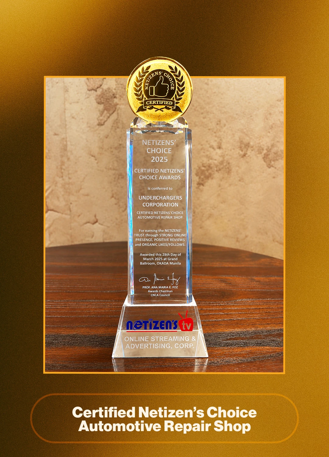 Underchargers Certified Netizens’ Choice Automotive Repair Shop award